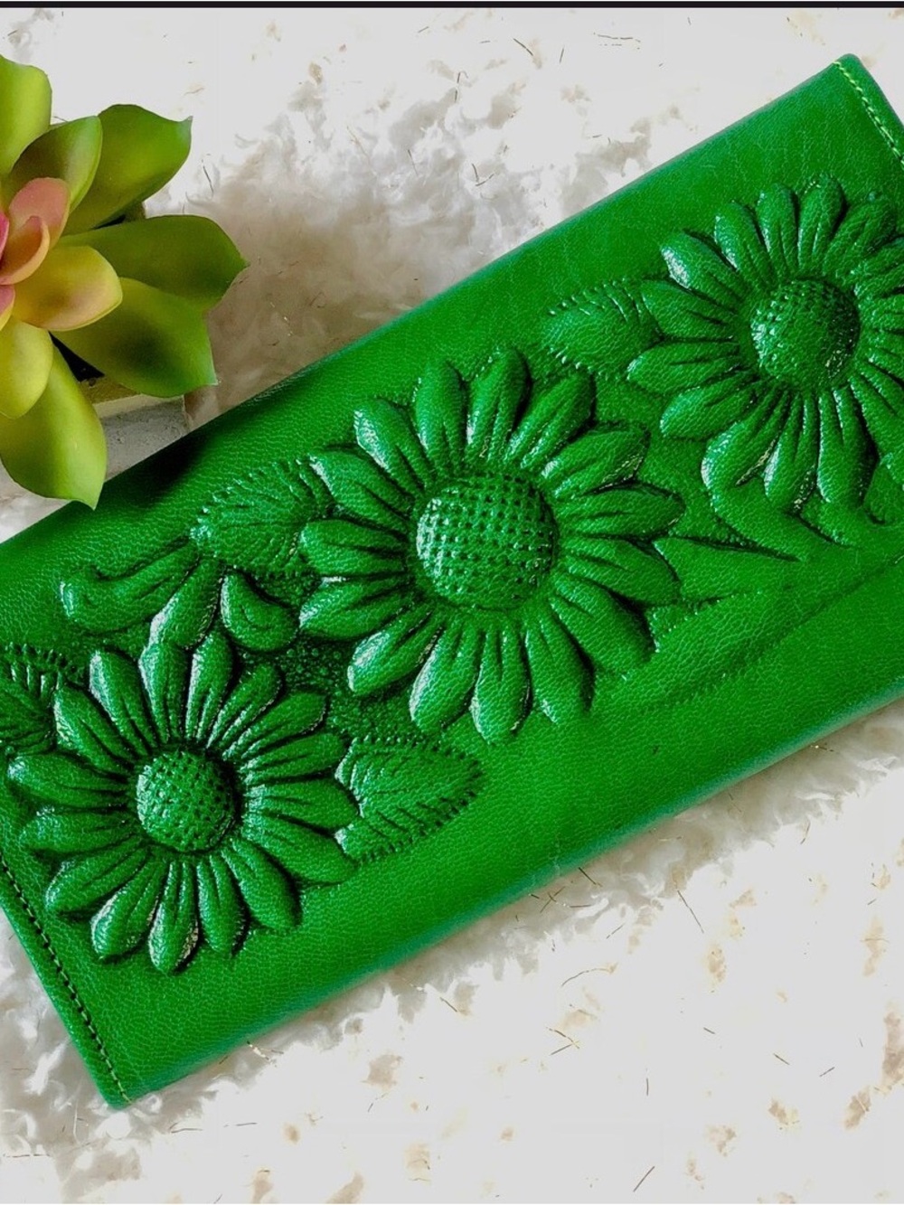Green Floral Tooled Leather Bohemian Handmade wallet NWOT